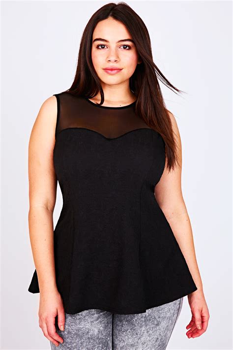 Black Panelled Peplum Sleeveless Top With Mesh Detail Plus Size 16 To 28