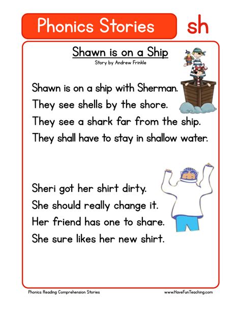 Shawn Is On A Ship Sh Phonics Stories Reading Comprehension Worksheet By Teach Simple