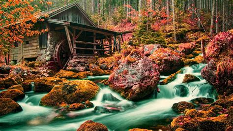 Wallpaper Id 179714 Stream Fall Rocks Autumn Mill Falling