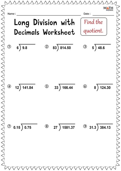 Dividing A Decimal By A Whole Number Worksheets