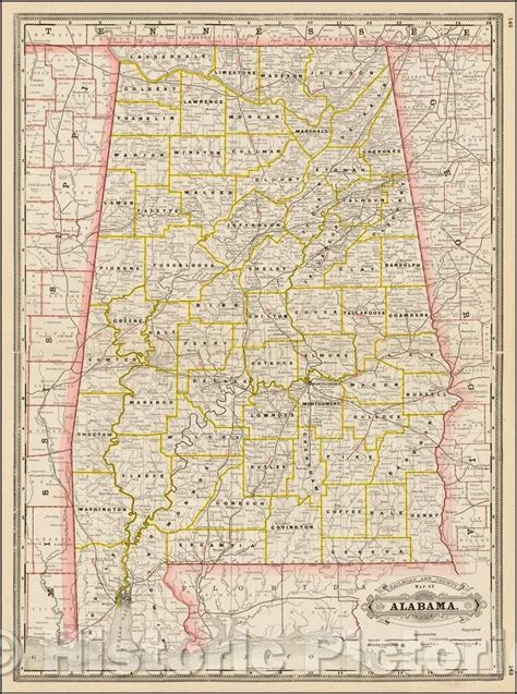 Historic Map Railroad And County Map Of Alabama 1887 George F Cram