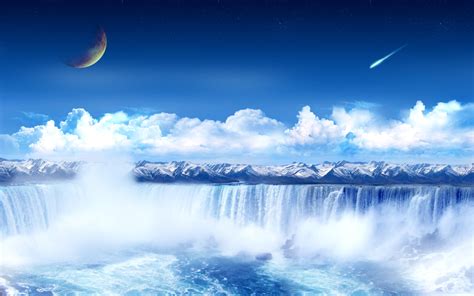 Blue Cloud Fantasy Meteor Moon Planet Waterfall Wallpaper Resolution