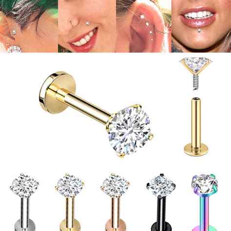 G23 Titanium Prong CZ Internally Threaded Stud Cartilage Lip Nose