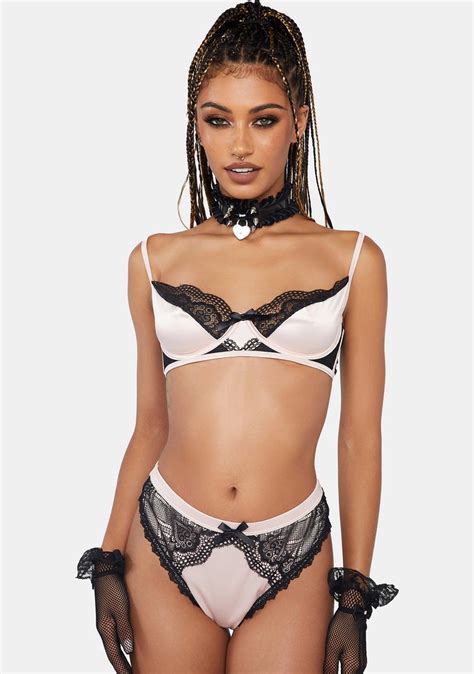 Lace Trim Bra And Thong Set Pink Black Dolls Kill