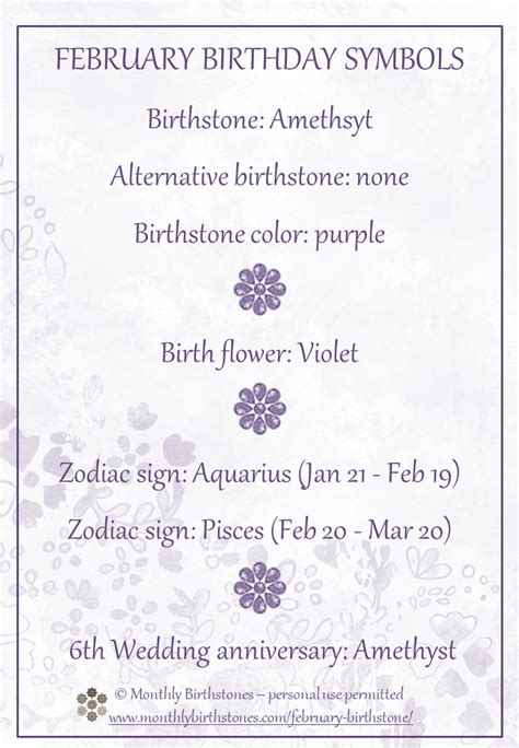 February Birthstone Color And Flower And More February Birthday Symbols