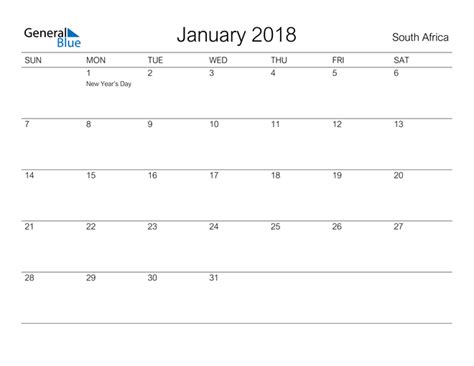 South Africa January 2018 Calendar With Holidays