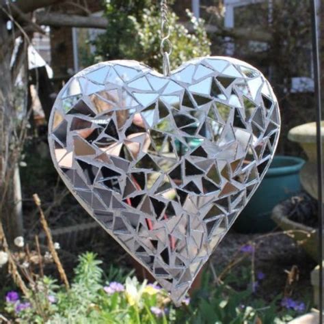 Was bored & made this garden mirror yesterday out of all recycled bits had lying about. Hanging Silver Mirror Mosaic Heart Ornament For The Garden ...