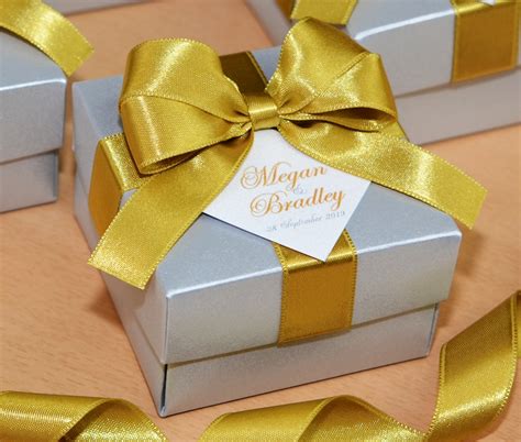 Silver And Gold Wedding Favor Boxes With Satin Ribbon Bow And Etsy