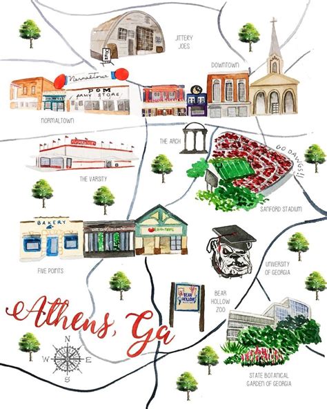 Watercolor Athens Map Georgia Classic City Map Etsy Athens Map