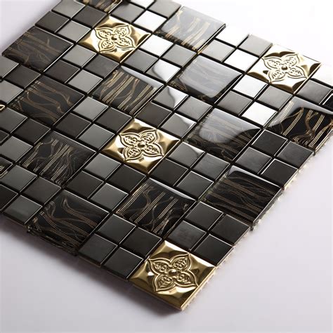 Glass Mix Metal Mosaic Tile Patterns Metallic Bathroom Wall Tiles Black Crystal Backsplash