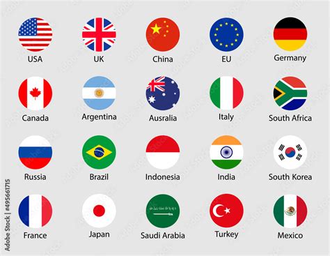 G20 Country Flags G20 Round Icons China Korea Brazil Mexico Usa