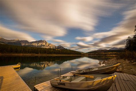 Boat Lake Water Clouds Mountains Landscape Nature