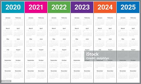 Year 2020 2021 2022 2023 2024 2025 Calendar Vector Design Template