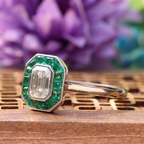 1 Ct Emerald Cut Moissanite Ring Green Emerald And Colorless Etsy