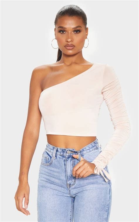 Nude Ruched Sleeve One Shoulder Crop Top Daria Summer Chic Light Wash