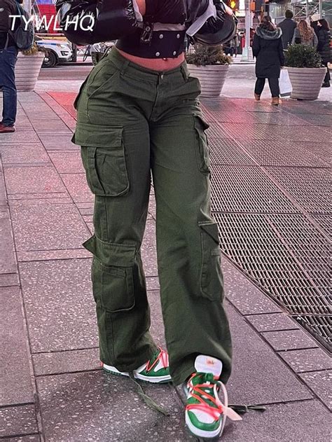 Army Green Cargo Pants Baggy Jeans Women Fashion Streetwear Pockets