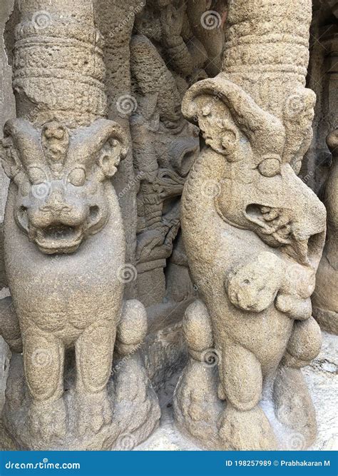 Sandstone Carvings Of Lion Sculpture In The Pillars Of Ancient Kanchi
