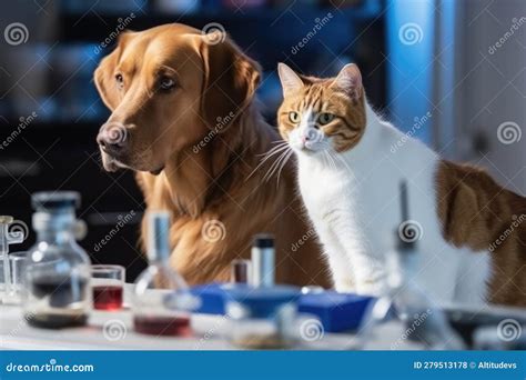 Feline And Canine Scientists In Laboratory Conducting Experiment