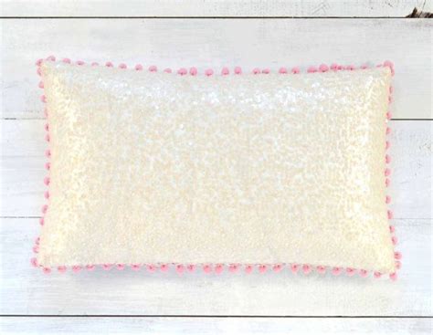 Ivory Sequin And Pink Pom Pom Lumbar Pillow Cover Ivory Etsy Sparkly