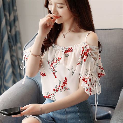 Summer Women New Korean Floral Off Shoulder Short Sleeve Ruffle Slim Blouse Tops Slim Blouse