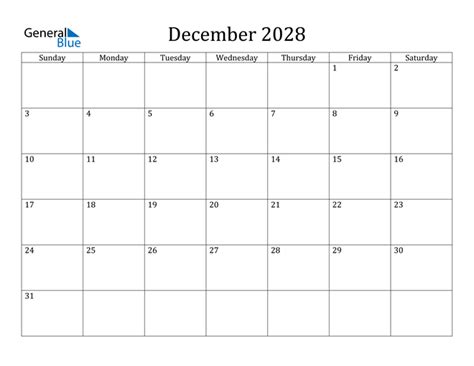 December 2028 Calendar Pdf Word Excel
