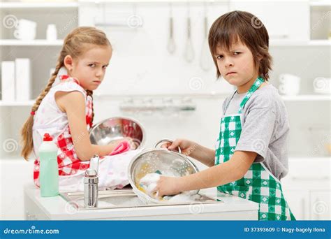 Kids Having To Do The Dishes Stock Image Image Of Home Dishes 37393609