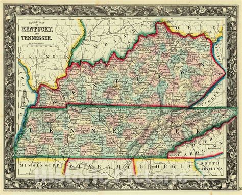 Historic Map 1861 County Map Of Kentucky And Tennessee Vintage Wall