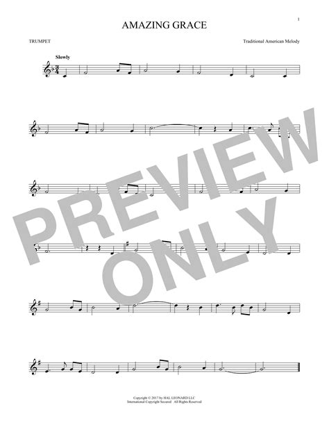 Amazing Grace Sheet Music Traditional American Melody Trumpet Solo