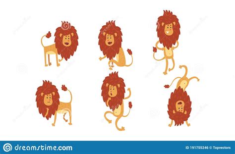 Funny Lions Set Cute Animal Cartoon Character In Various Poses Showing