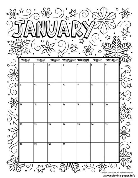 January Coloring Calendar 2019 Coloring Page Printable