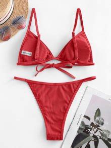 Off Zaful Ribbed Tie String Bikini Swimsuit In Red Zaful