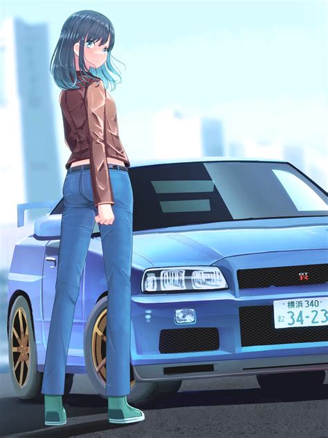 Matsuda Sankaku Nissan Original Highres Girl Black Hair Blue Eyes Blue Hair Blue Pants