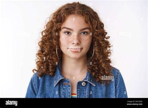 Close Up Modern Millennial Cute Redhead Curly Haired Girl Acne Prone Skin Freckles Smiling