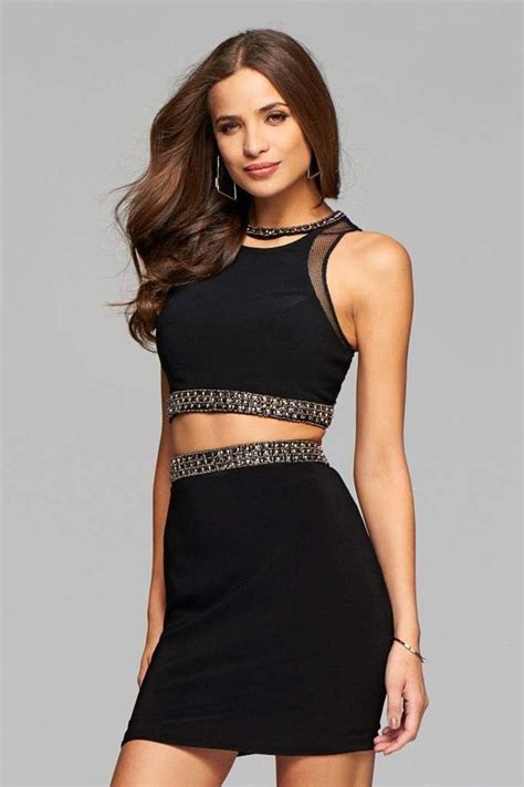Faviana S7866 Short Jersey Two Piece Cocktail Dress With Beaded Trim