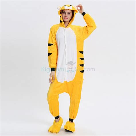 Yellow Tiger Kigurumi Animal Onesie Pajama Costumes For Adult