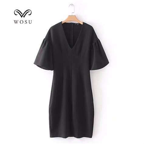 Wosu Women Empire Summer Dresses V Neck Straight Midi Dress Thin Five Point Sleeve Dress Bb043