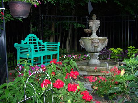 Fountain And Bench Fountain Bench Garden Turquoise Garten Lawn