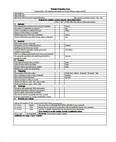 sample website evaluation forms   ms word