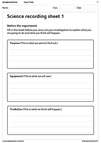 Springboard Stories Science Recording Sheets
