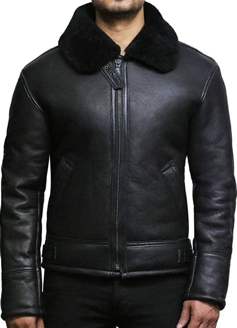 Brandslock Men Real Shearling Sheepskin Leather Aviator Jacket Xs