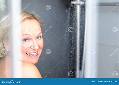 Smiling Attractive Senior Woman Taking A Shower Stock Image Image Of