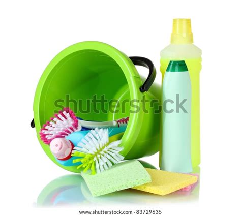 Detergent Bottles Brushes Sponges Bucket Isolated Stock Photo 83729635