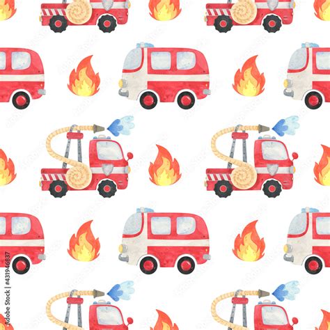 Seamless Pattern Fire Department And Fire Truck Watercolor Fire