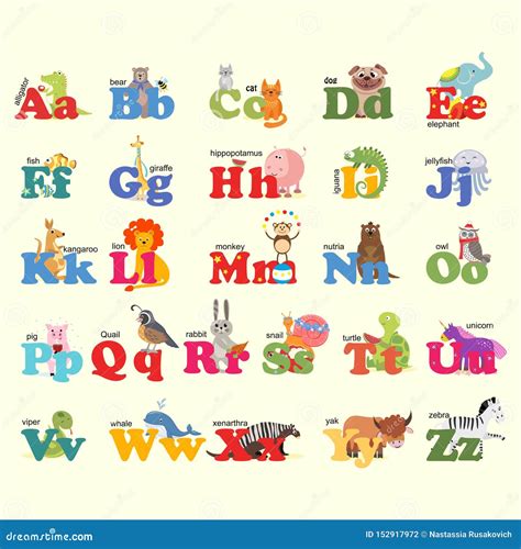 Alphabet With Animals Toon English Alphabet Vector Illustration