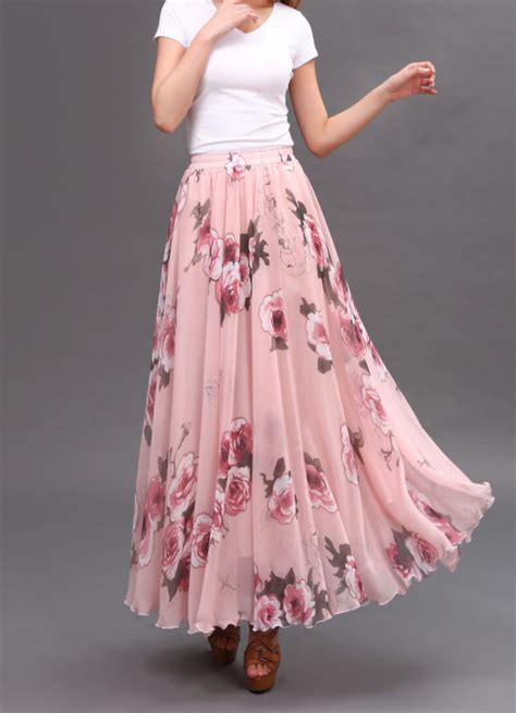 Women Pink Floral Chiffon Long Skirt A Line Flower Long Chiffon Skirt