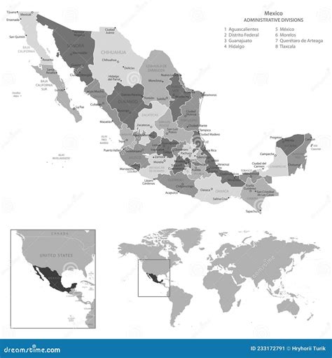 Mapa En Blanco Y Negro Altamente Detallado De México Stock De