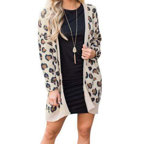 Fashion Sexy Leopard Printed Cardigan Women Long Sleeve Pockets