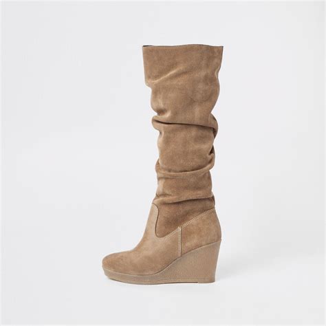 River Island Suede Knee High Slouch Wedge Boots In Natural Lyst