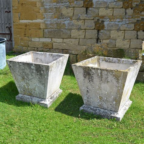 A Pair Of Mid 20th Century Square Stone Planters Of Taper Form