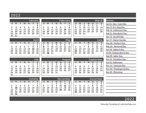 12 Month Calendar 2022 Printable